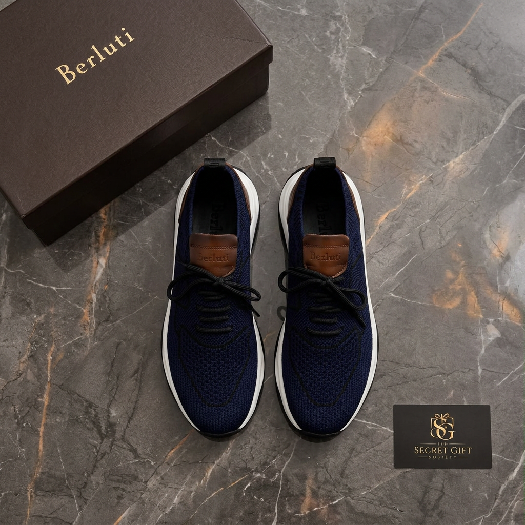 AI-generated overhead view of navy Berluti trainer pair on marble with Berluti box and Secret Gift Society gold SG logo card