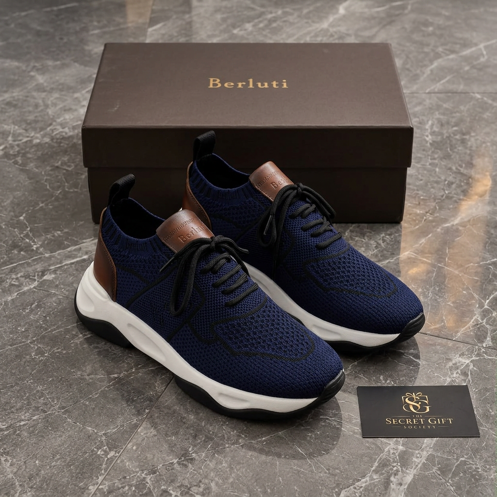 AI-generated front view of navy Berluti knit trainer pair with brown leather details on marble with Berluti box and Secret Gift Society logo card