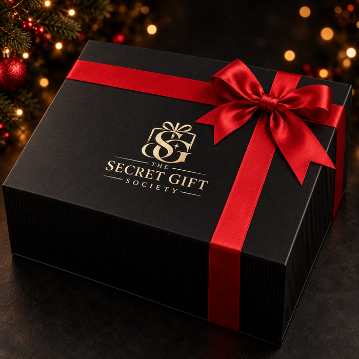 Large black gift box with red ribbon — packaging illustration