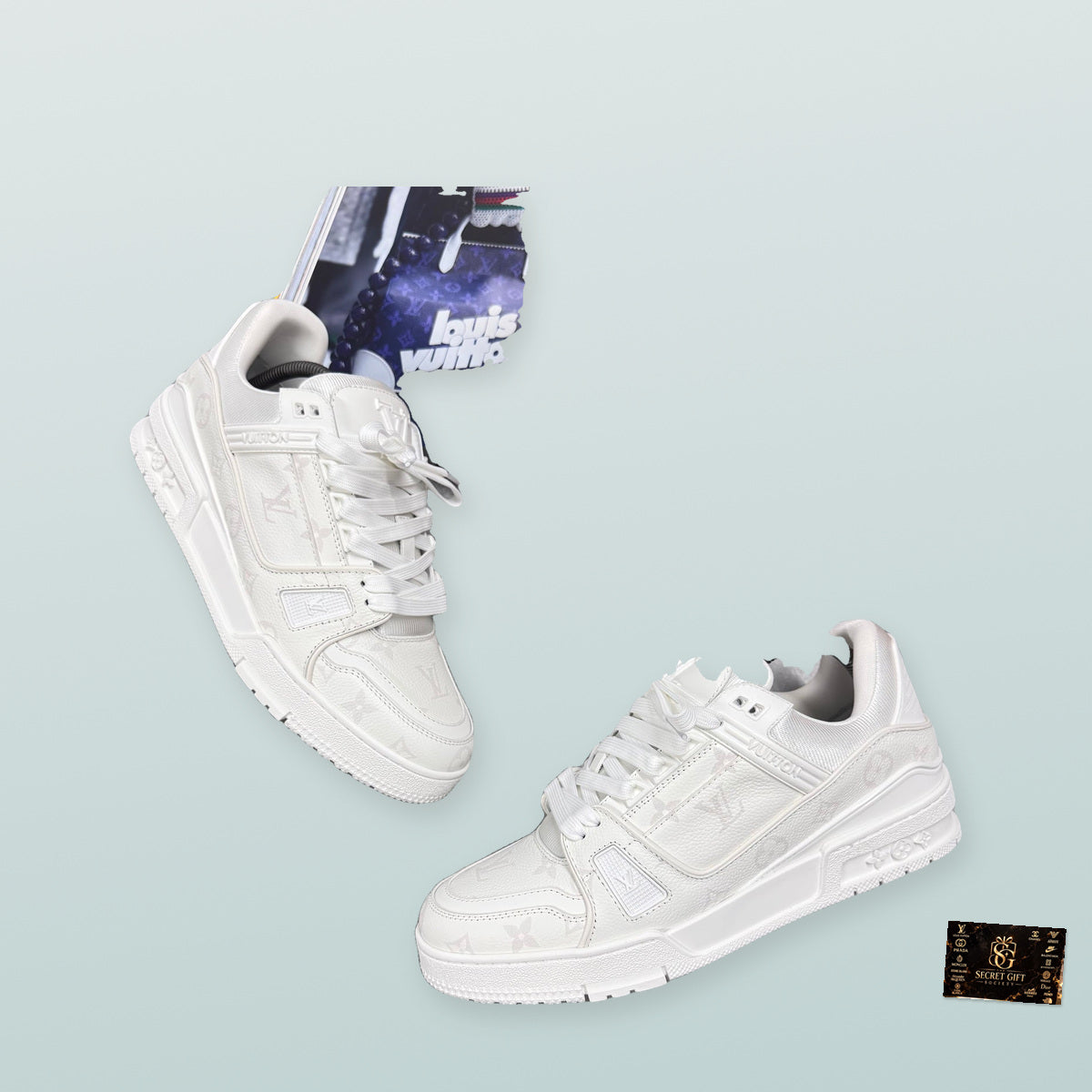 LVE MONOGRAM TRAINER - WHITE with a realistically scaled Secret Gift Society marble business card