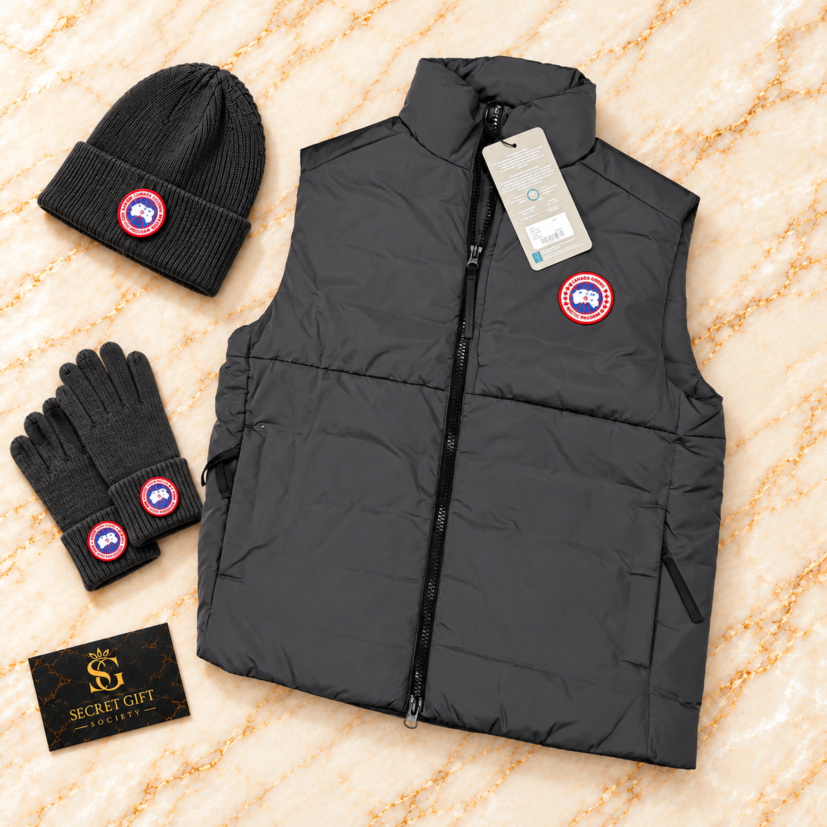 Canada Goose Lodge gilet in anthracite — Secret Gift Society; hat and gloves are styling props