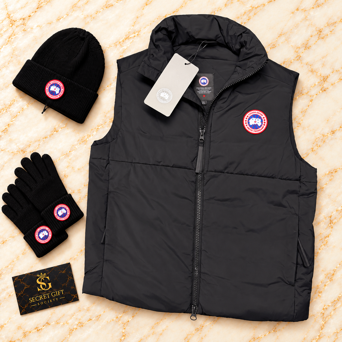 Canada Goose Lodge gilet in black — Secret Gift Society; hat and gloves are styling props