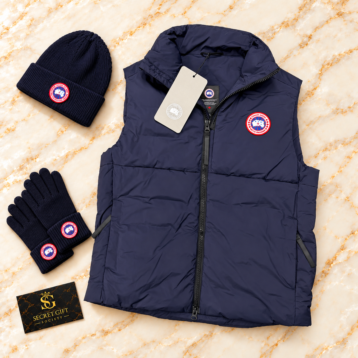 Canada Goose Lodge gilet in navy — Secret Gift Society; hat and gloves are styling props