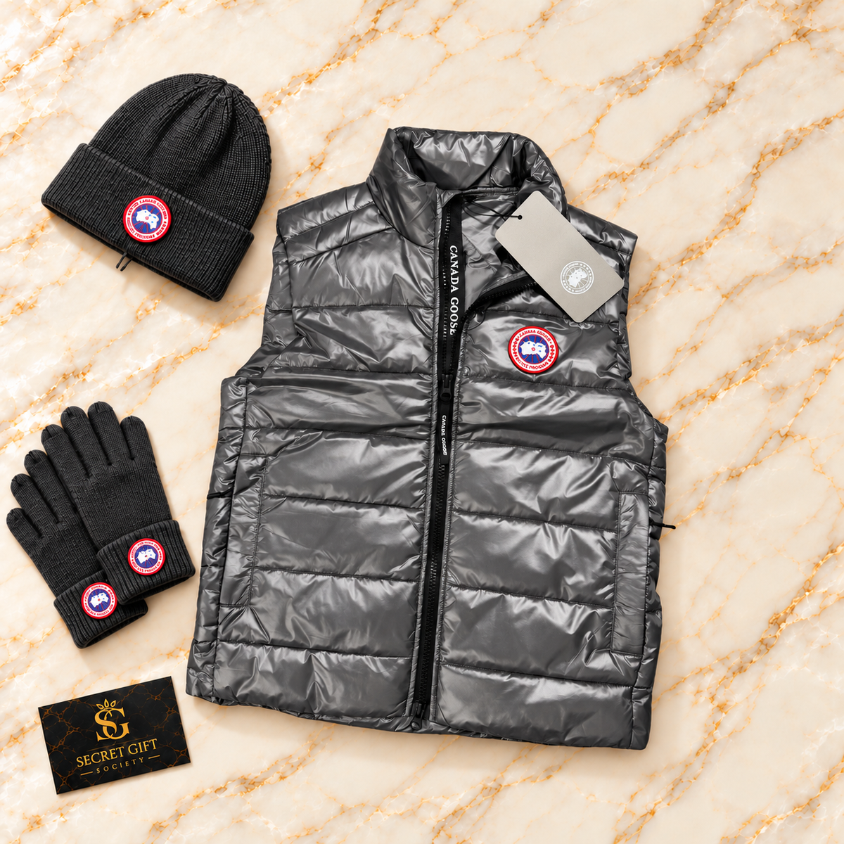 CG CROFTON GILET - ANTHRACITE with matching branded styling props and Secret Gift Society card