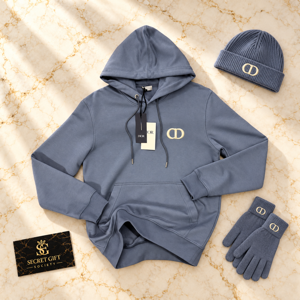 CD HOODIE - PALE BLUE on ivory marble with matching branded beanie and gloves and Secret Gift Society business card