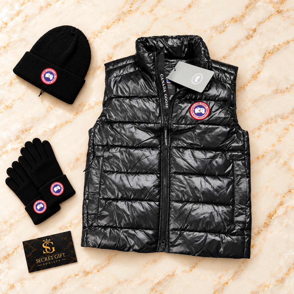 Black CG Crofton body warmer with matching branded styling props and Secret Gift Society card