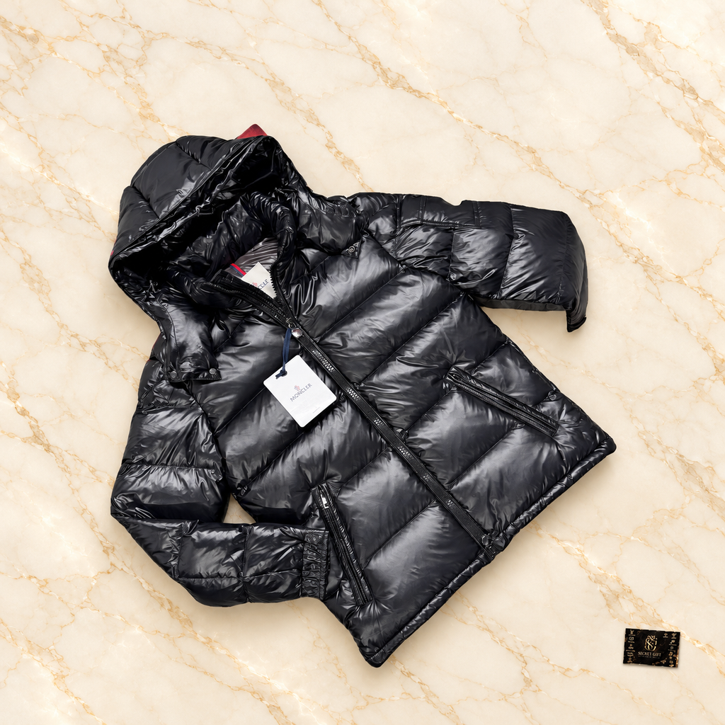 MNCLR MAYA COAT - BLACK on ivory marble with Secret Gift Society card