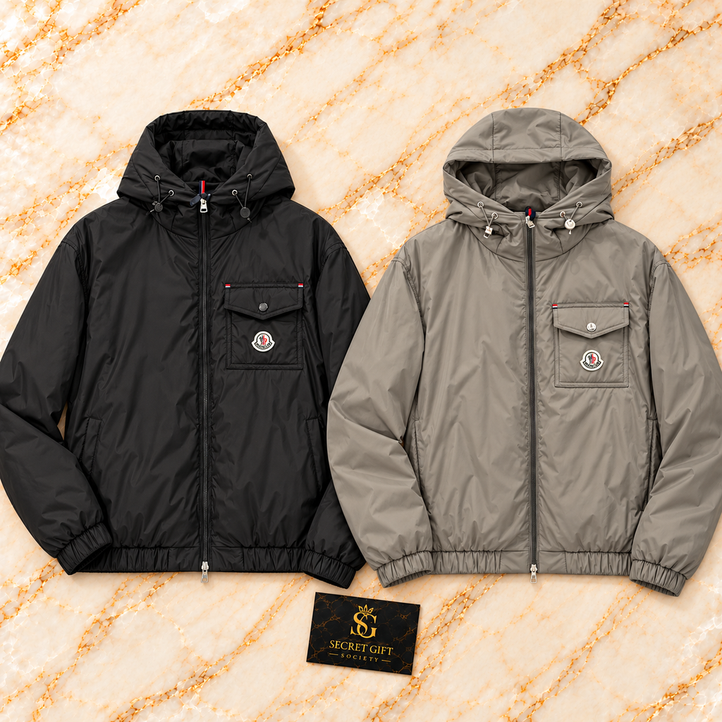 Moncler LIGHTWEIGHT JACKET — PRE-ORDER — Black, Khaki colour collage. Choose a colour and size; one garment per order. Secret Gift Society card is a styling prop.