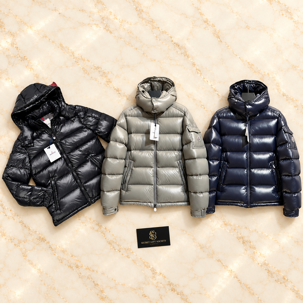 moncler maya coat: existing colour options on ivory marble. Choose one colour; sold individually.