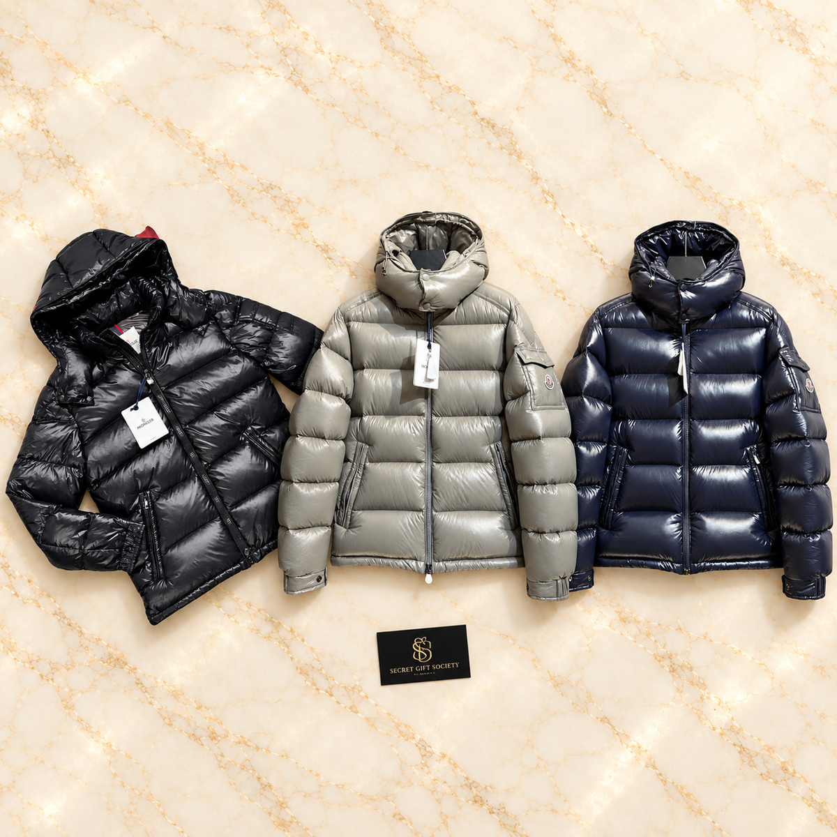 moncler maya coat: existing colour options on ivory marble. Choose one colour; sold individually.