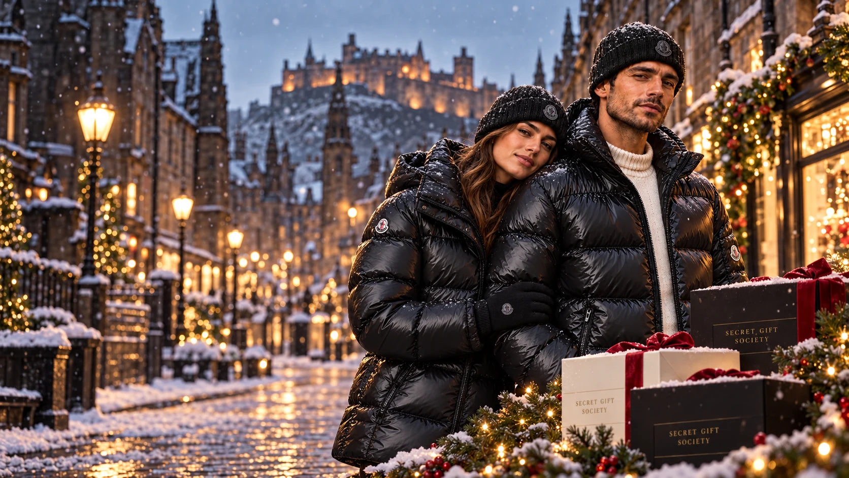 A couple in black winter jackets and hats beside Secret Gift Society gift boxes on a snowy Edinburgh street